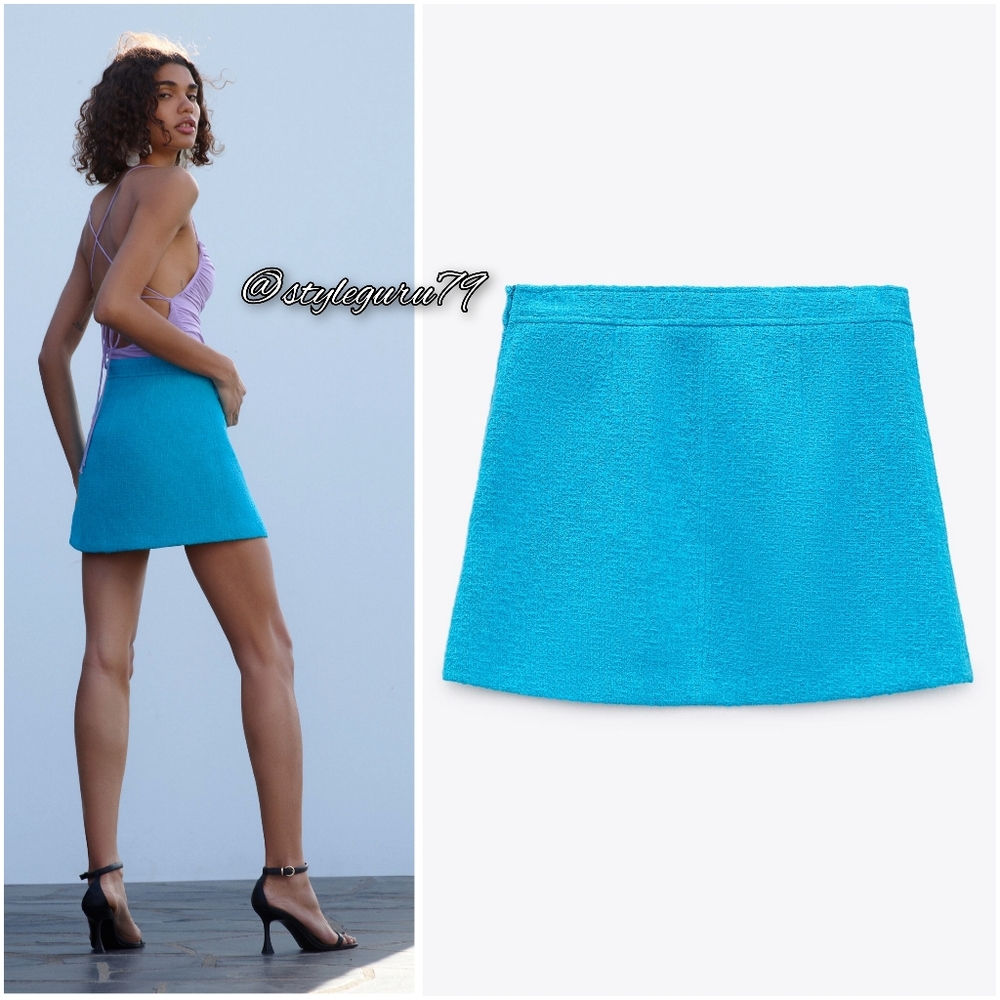 NWT, ZARA, Chain Embellished Blue Mini Skirt - Picture 3 of 4